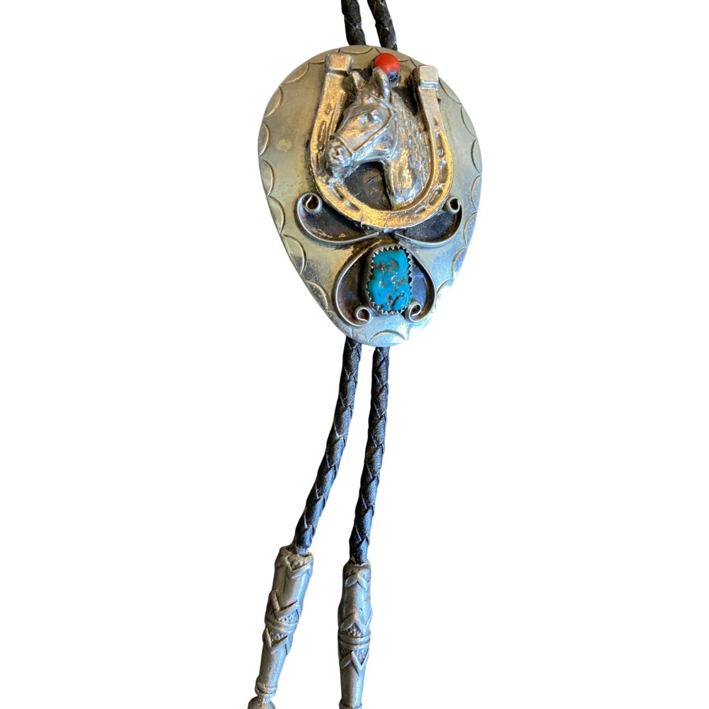 Vintage Silver Tone Horse Head Horseshoe Bolo Tie Turquoise Coral Accents